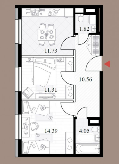 Двухкомнатная квартира 52.86 м²