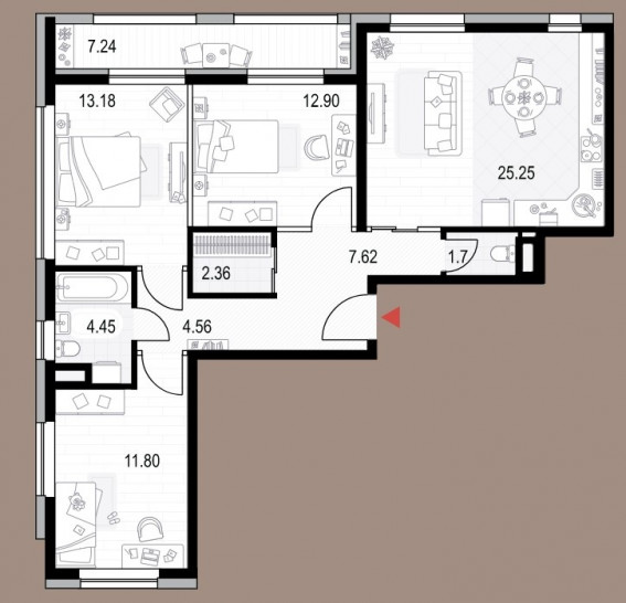 Четырёхкомнатная квартира (Евро) 87.44 м²